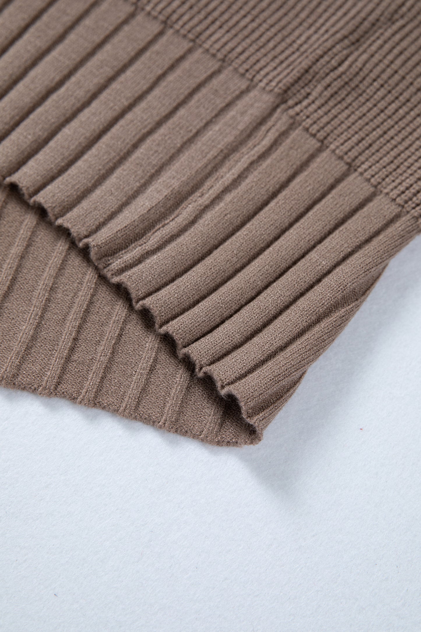 Women's taupe textured bishop sleeve cardigan with a V-neck, button-front closure, mixed knit texture, and relaxed fit.