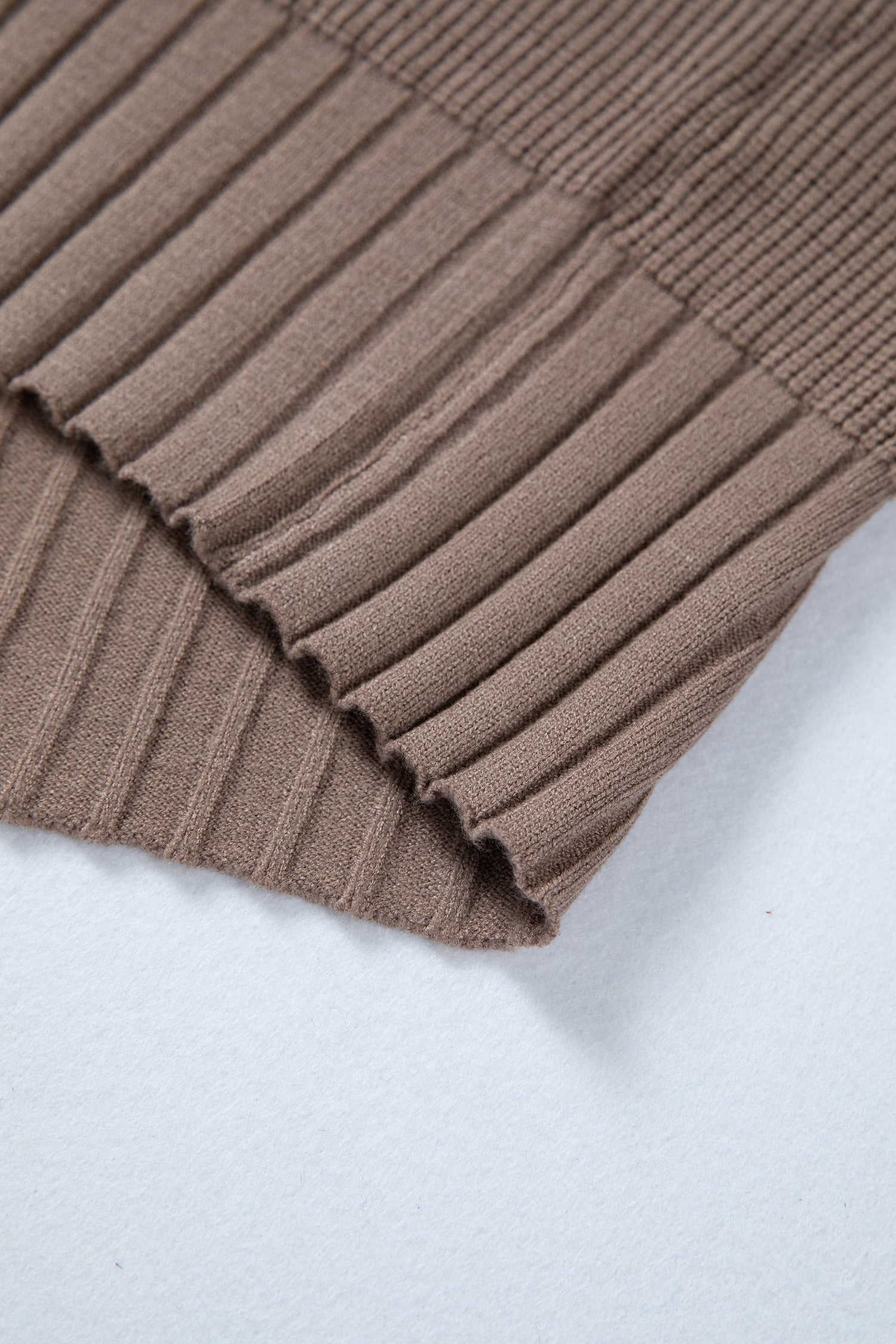 Women's taupe textured bishop sleeve cardigan with a V-neck, button-front closure, mixed knit texture, and relaxed fit.