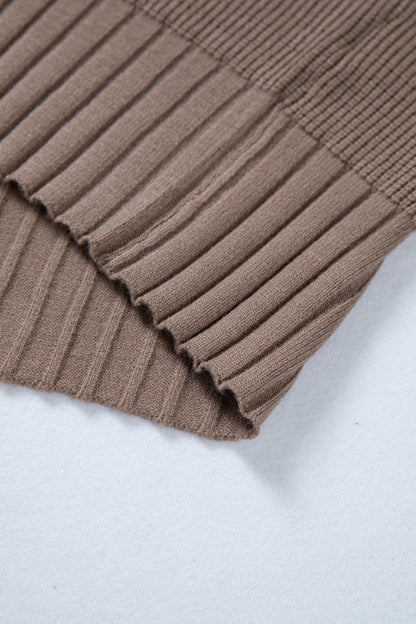 Women's taupe textured bishop sleeve cardigan with a V-neck, button-front closure, mixed knit texture, and relaxed fit.