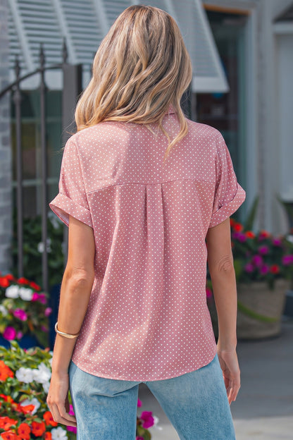 Polka Dot Button Front Blouse – Short Sleeve Collared Top