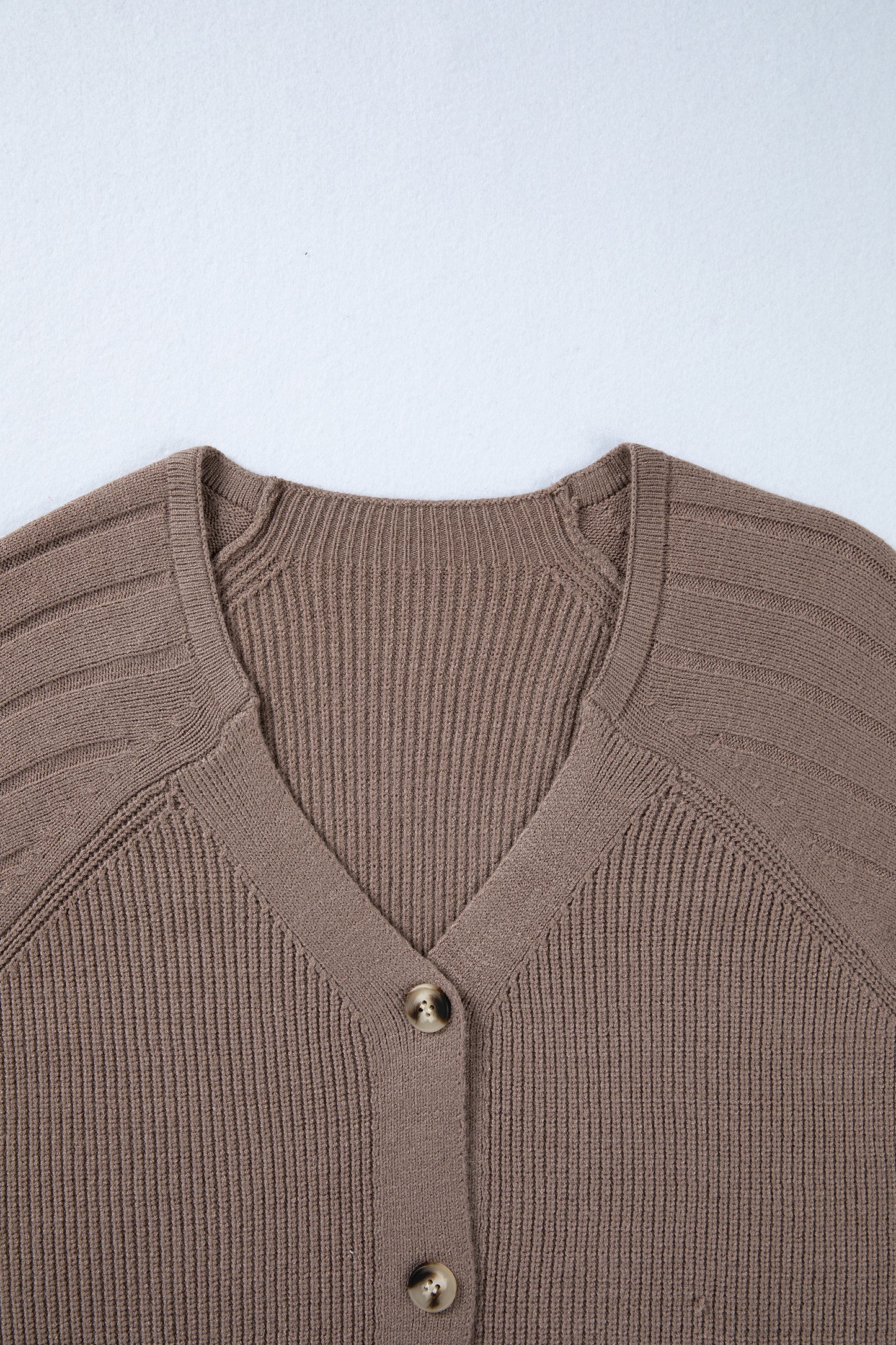 Women's taupe textured bishop sleeve cardigan with a V-neck, button-front closure, mixed knit texture, and relaxed fit.