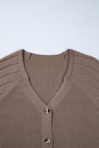 Women's taupe textured bishop sleeve cardigan with a V-neck, button-front closure, mixed knit texture, and relaxed fit.