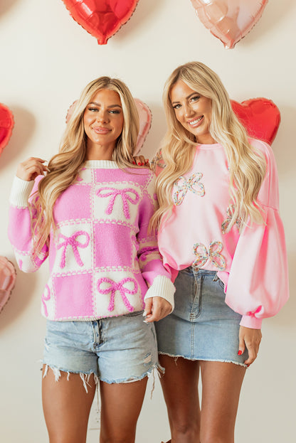 Pink Bow Checkered Knit Sweater