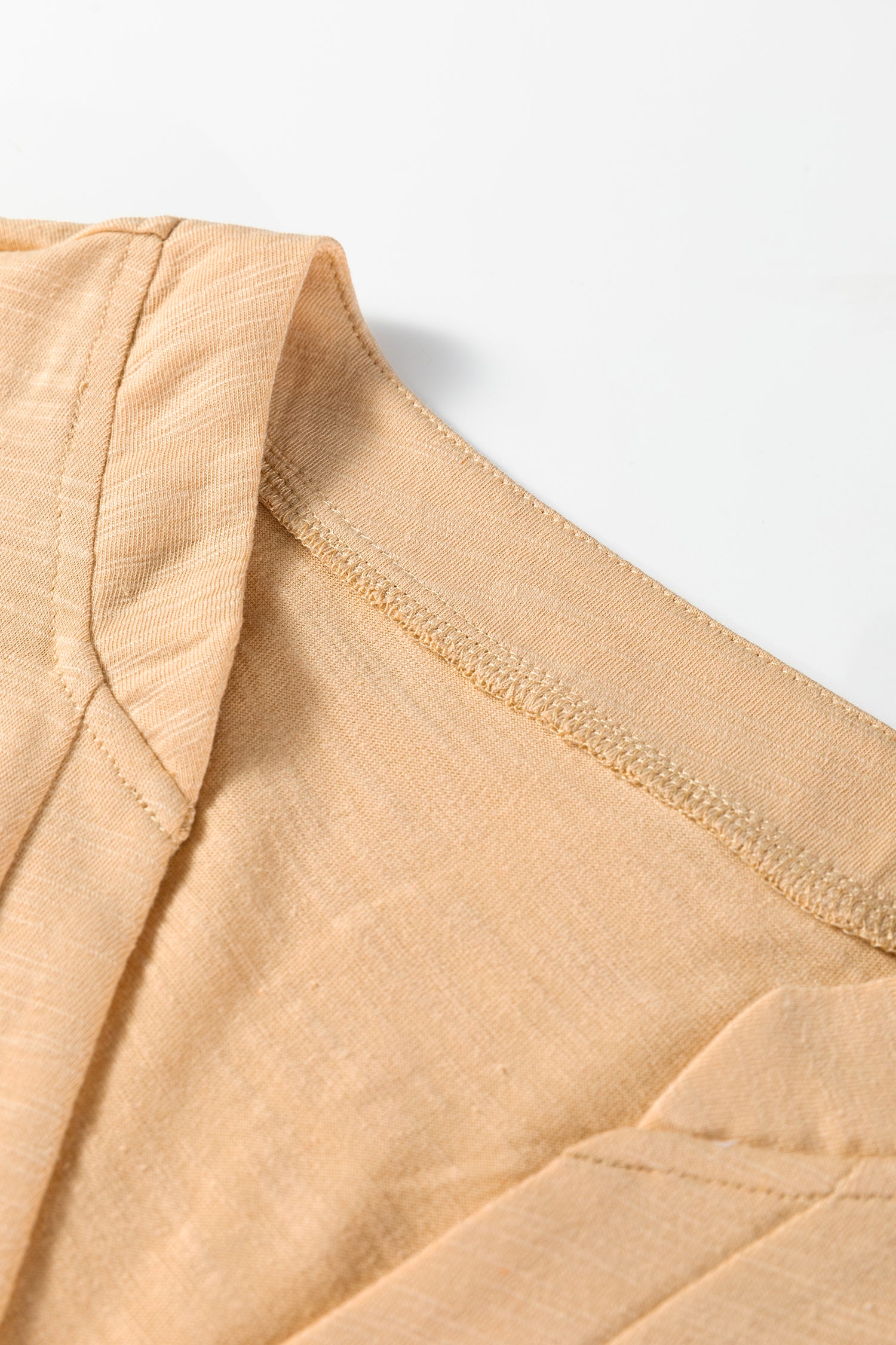 Soft Oatmeal split neck button detail long sleeve top with gathered cuff sleeves