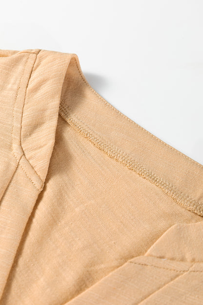 Soft Oatmeal split neck button detail long sleeve top with gathered cuff sleeves