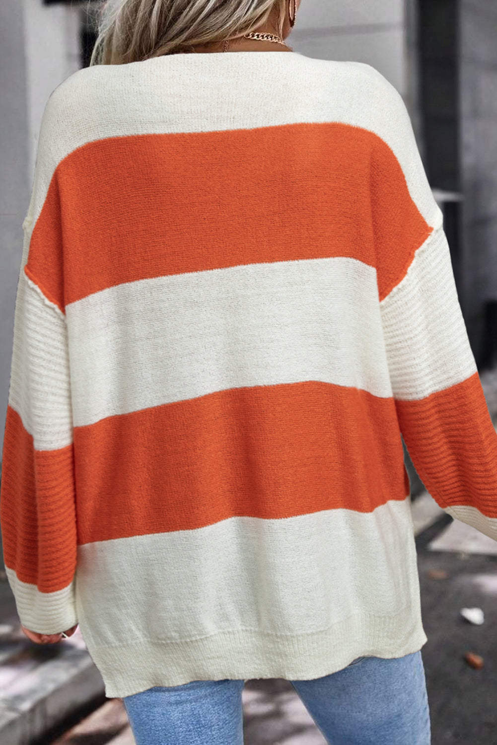 Red Stripe Cozy Color Block Bubble Sleeve Sweater