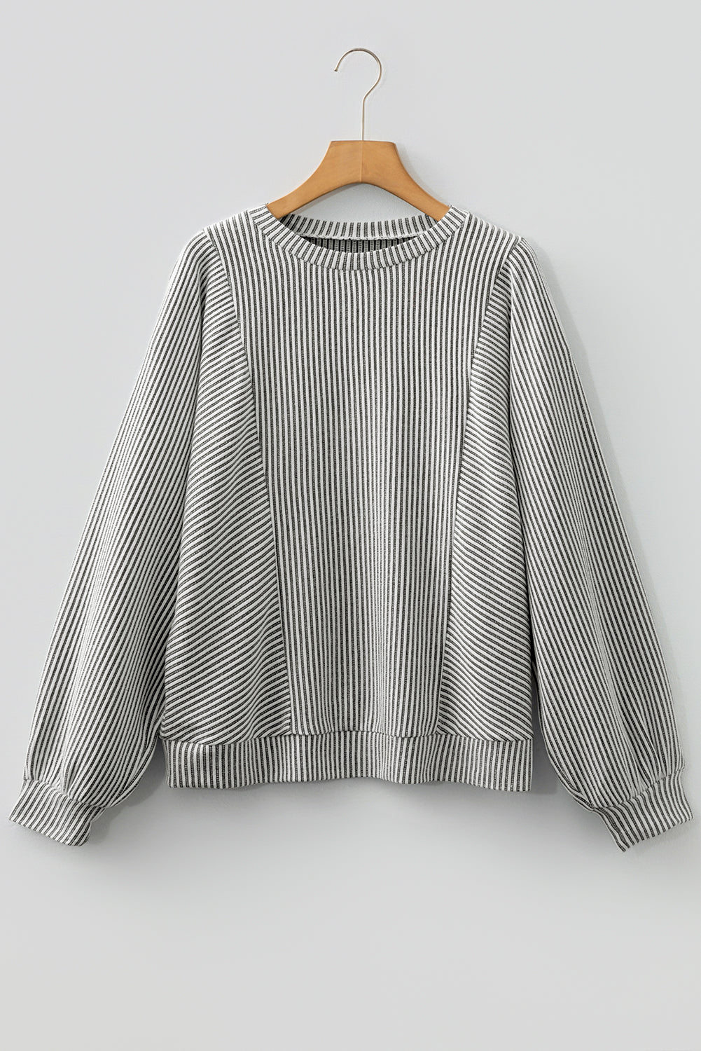 Gray Ribbed Long Sleeve Top – Round Neck Lantern Sleeve