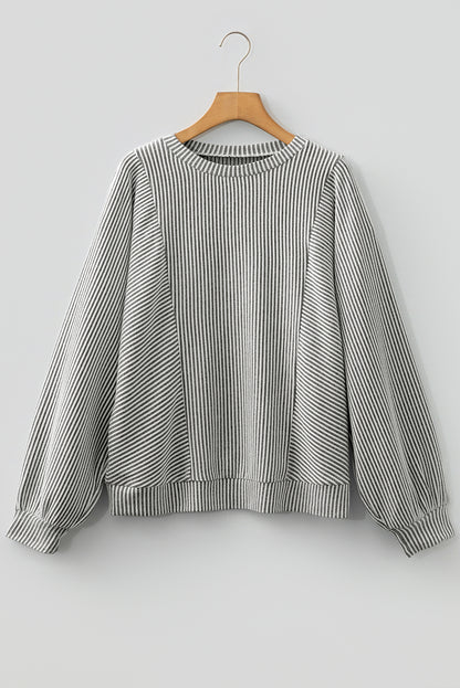 Gray Ribbed Long Sleeve Top – Round Neck Lantern Sleeve