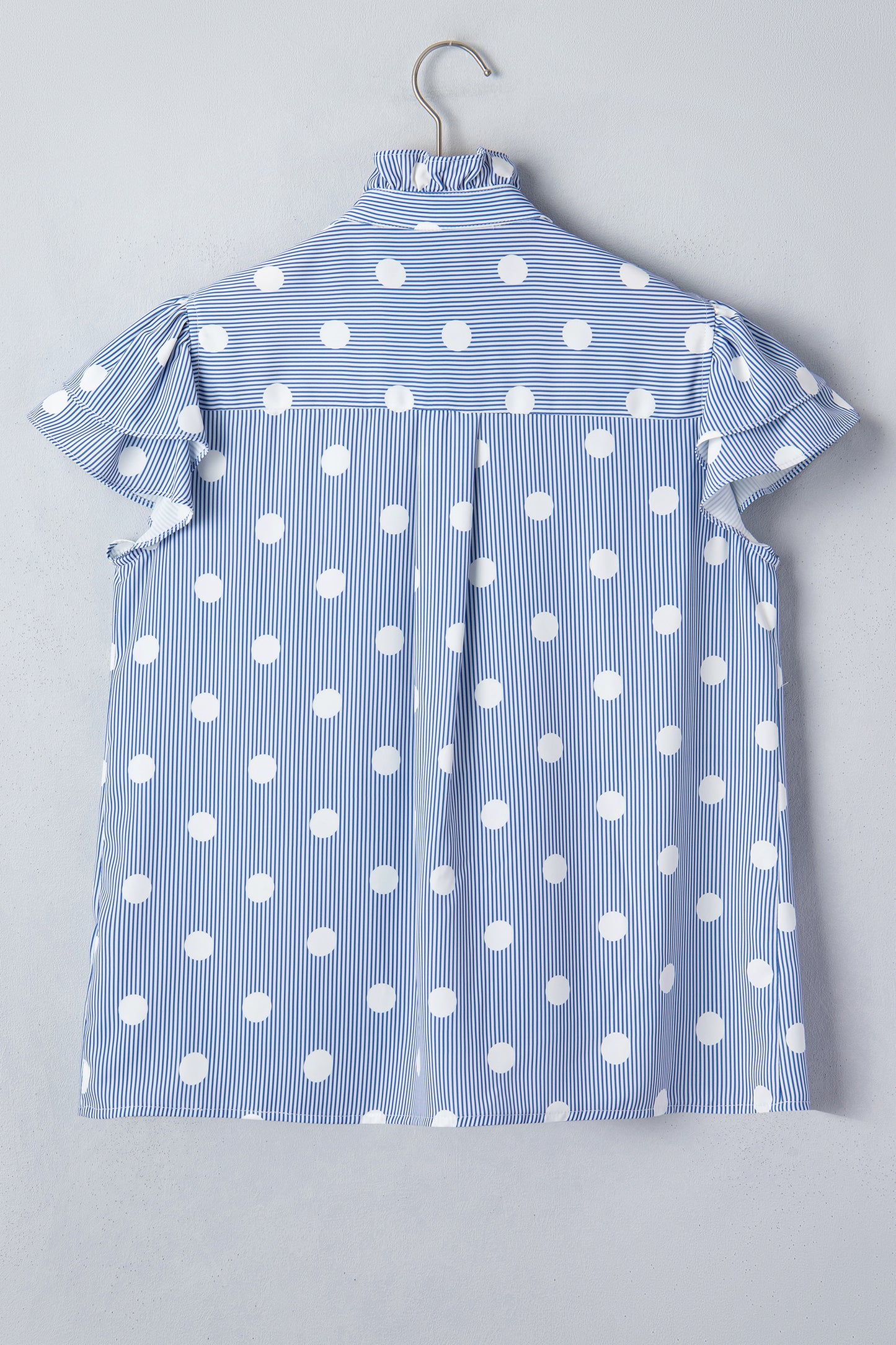 Blue White Striped Polka Dot Ruffle Blouse – Flutter Sleeve Button Front Top
