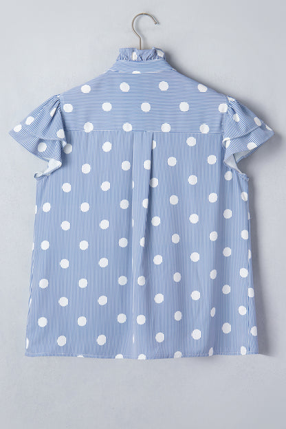 Blue White Striped Polka Dot Ruffle Blouse – Flutter Sleeve Button Front Top