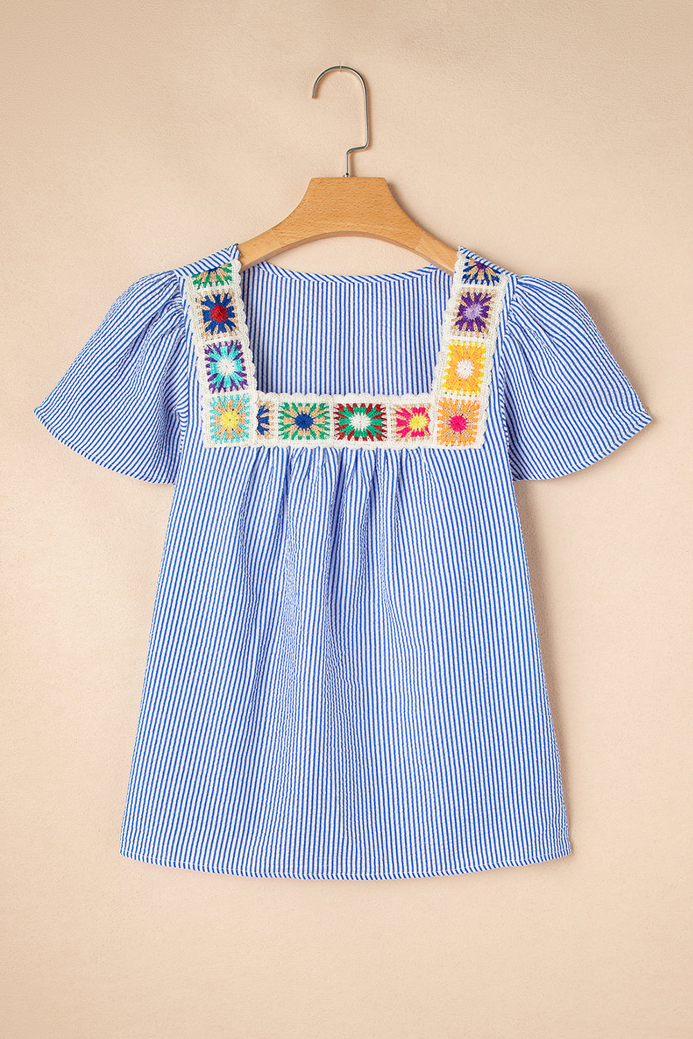 Striped Square Neck Embroidered Blouse – Casual Flutter Sleeve Top