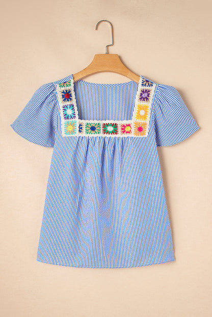 Striped Square Neck Embroidered Blouse – Casual Flutter Sleeve Top