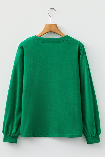 Emerald Green split neck button detail long sleeve top with gathered cuff sleeves