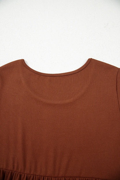 Soft Rust Ribbed Frilled Trim High‑Waist Long Sleeve Mini Dress
