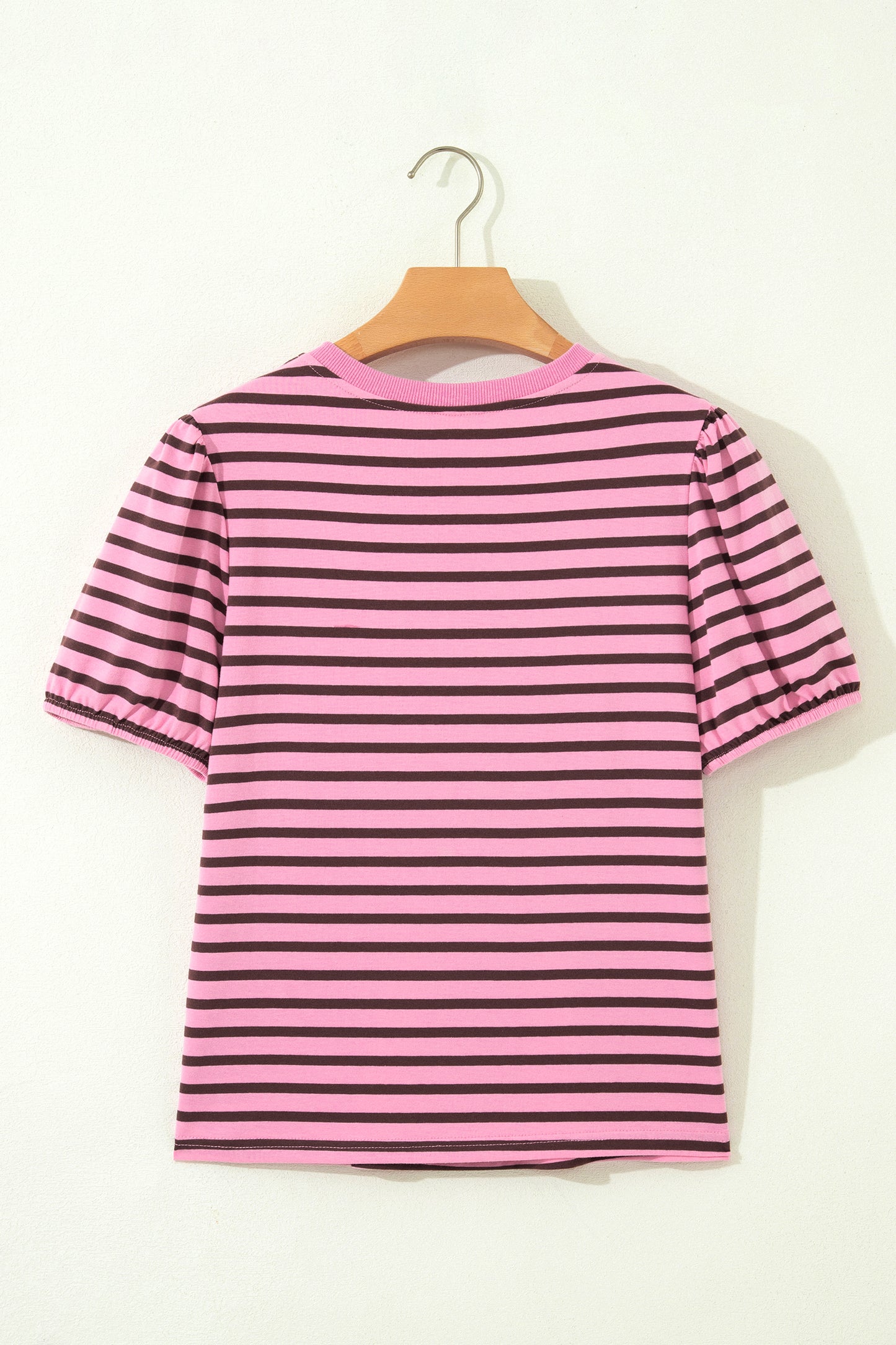 Pink Mocha Striped Puff Sleeve V-Neck T-Shirt – Casual Everyday Top