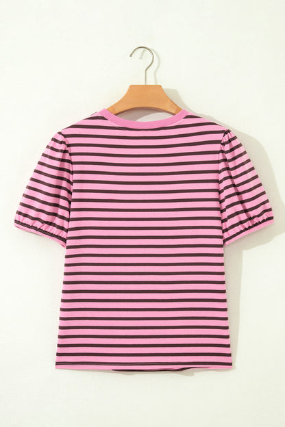 Pink Mocha Striped Puff Sleeve V-Neck T-Shirt – Casual Everyday Top