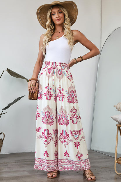 Rose Boho Printed Shirred High Waist Flowy Pants