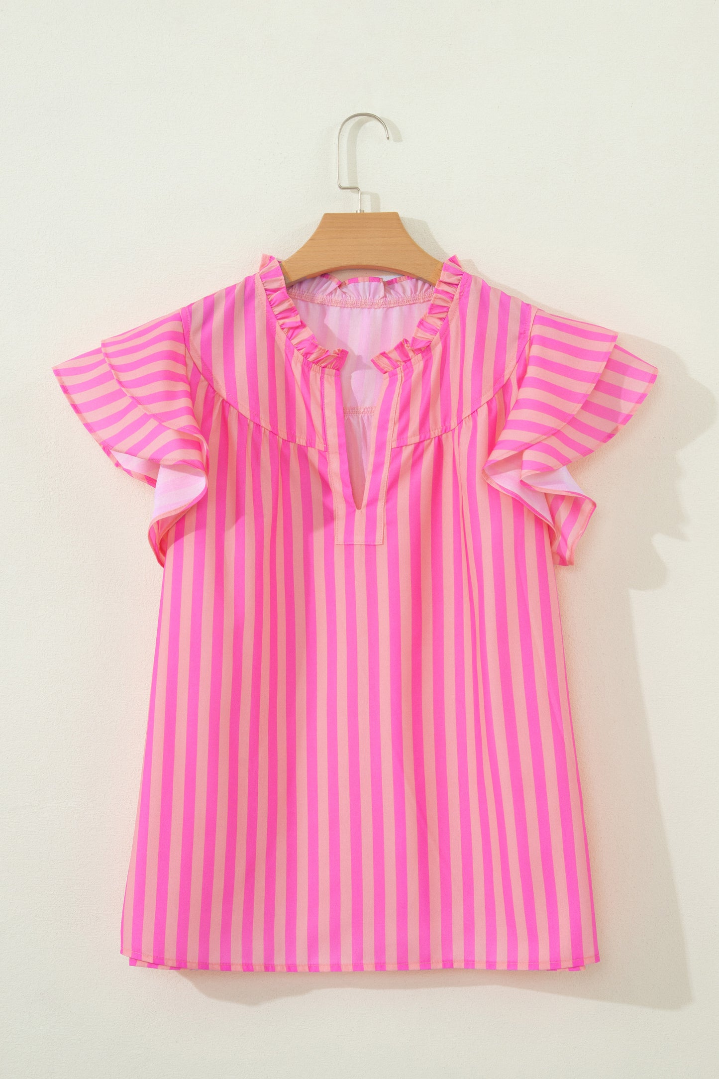 Bright Pink Striped Ruffle Sleeve Blouse – Casual Summer Top