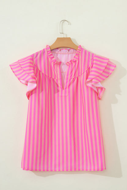 Bright Pink Striped Ruffle Sleeve Blouse – Casual Summer Top