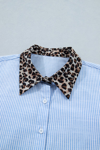 Leopard Contrast Collar Striped Blouse – Casual Everyday Button Front Top