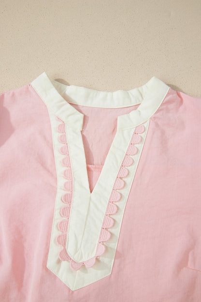 Puff Sleeve Mini Dress with Color block Scallop Trim