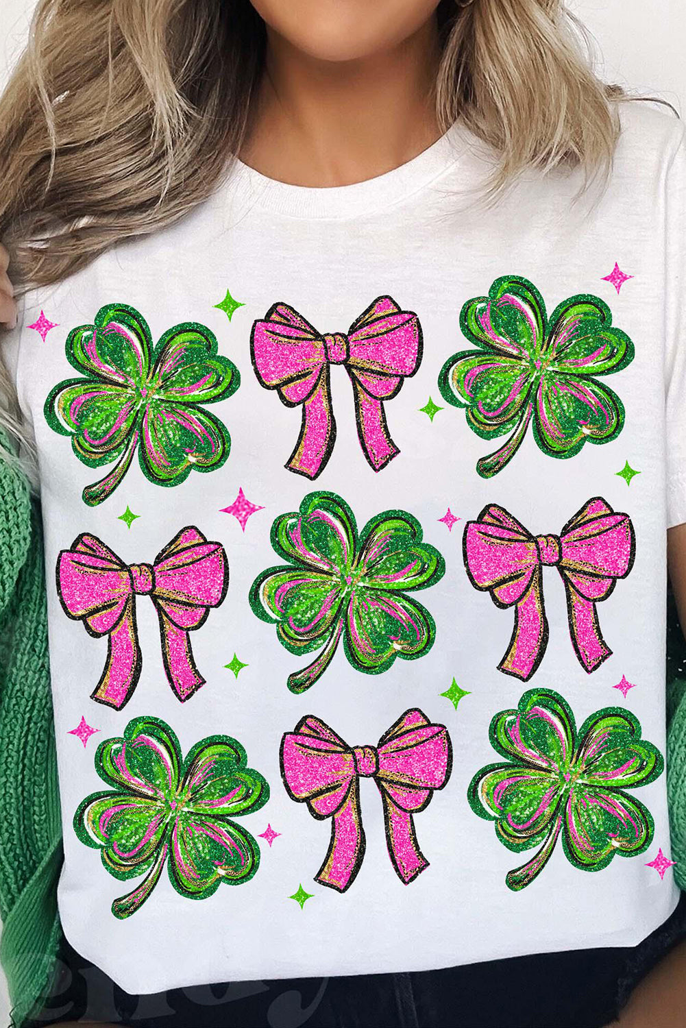 Shamrock & Bow Grid Tee – White St. Patrick’s Day Graphic Top