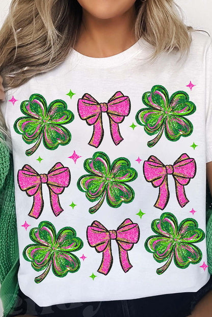 Shamrock & Bow Grid Tee – White St. Patrick’s Day Graphic Top
