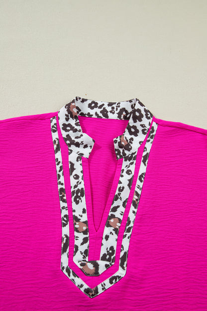 Leopard Trim V-Neck Blouse – Relaxed Fit Statement Top