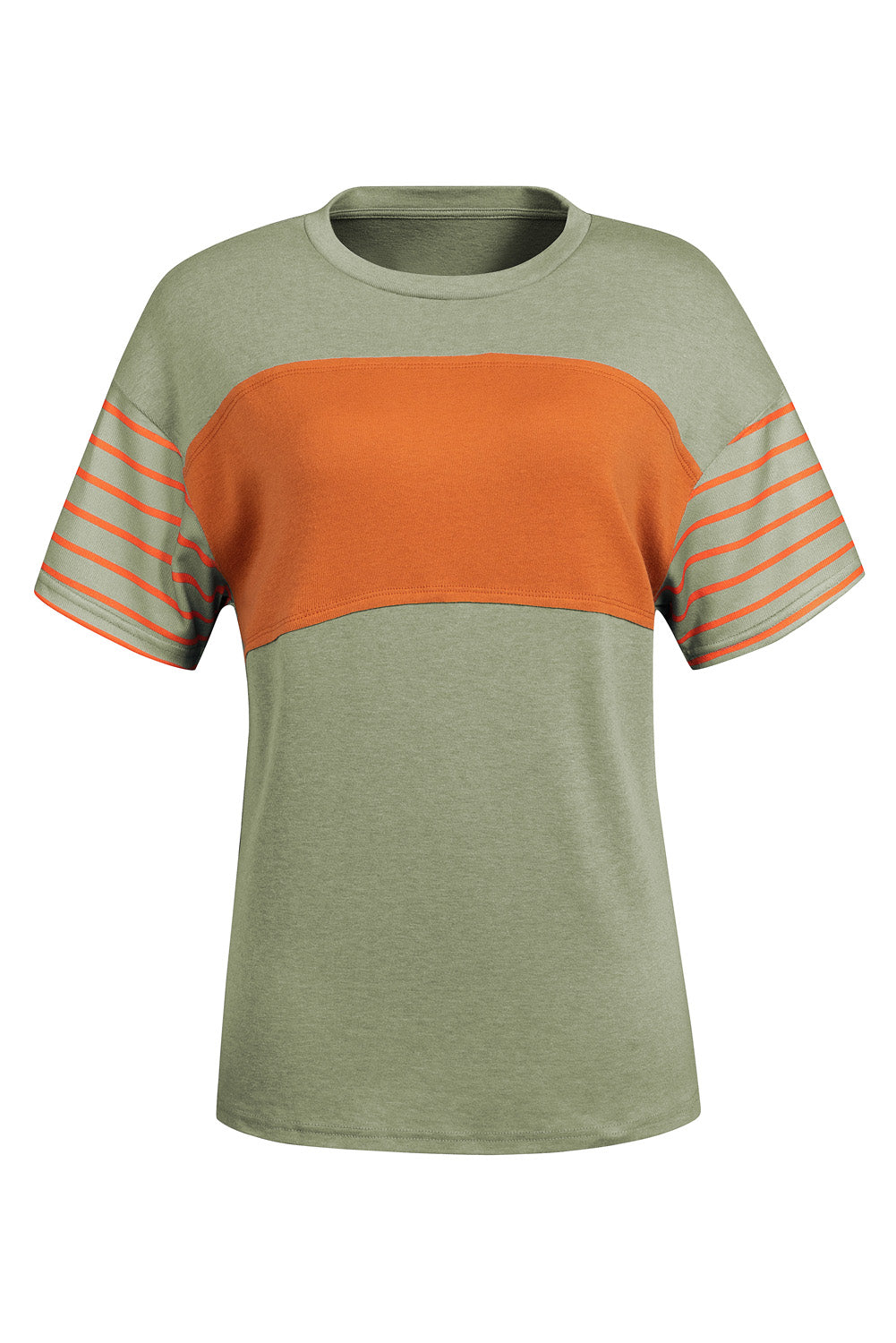 Striped Sleeve Color block Tee – Casual Chest Panel Short Sleeve Everyday Top