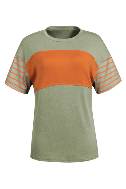 Striped Sleeve Color block Tee – Casual Chest Panel Short Sleeve Everyday Top