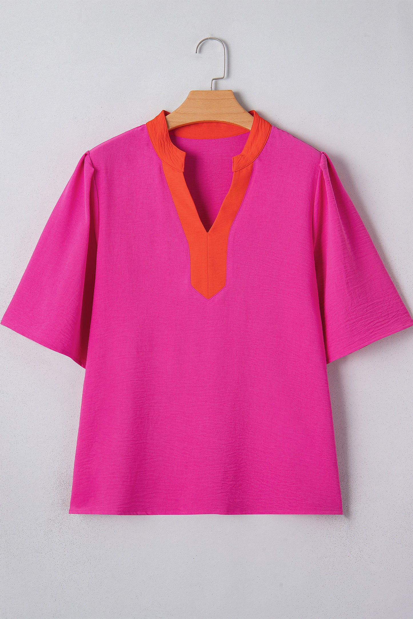 Fuchsia Pink Contrast Trim Split Neck Blouse – Relaxed Everyday Boutique Top