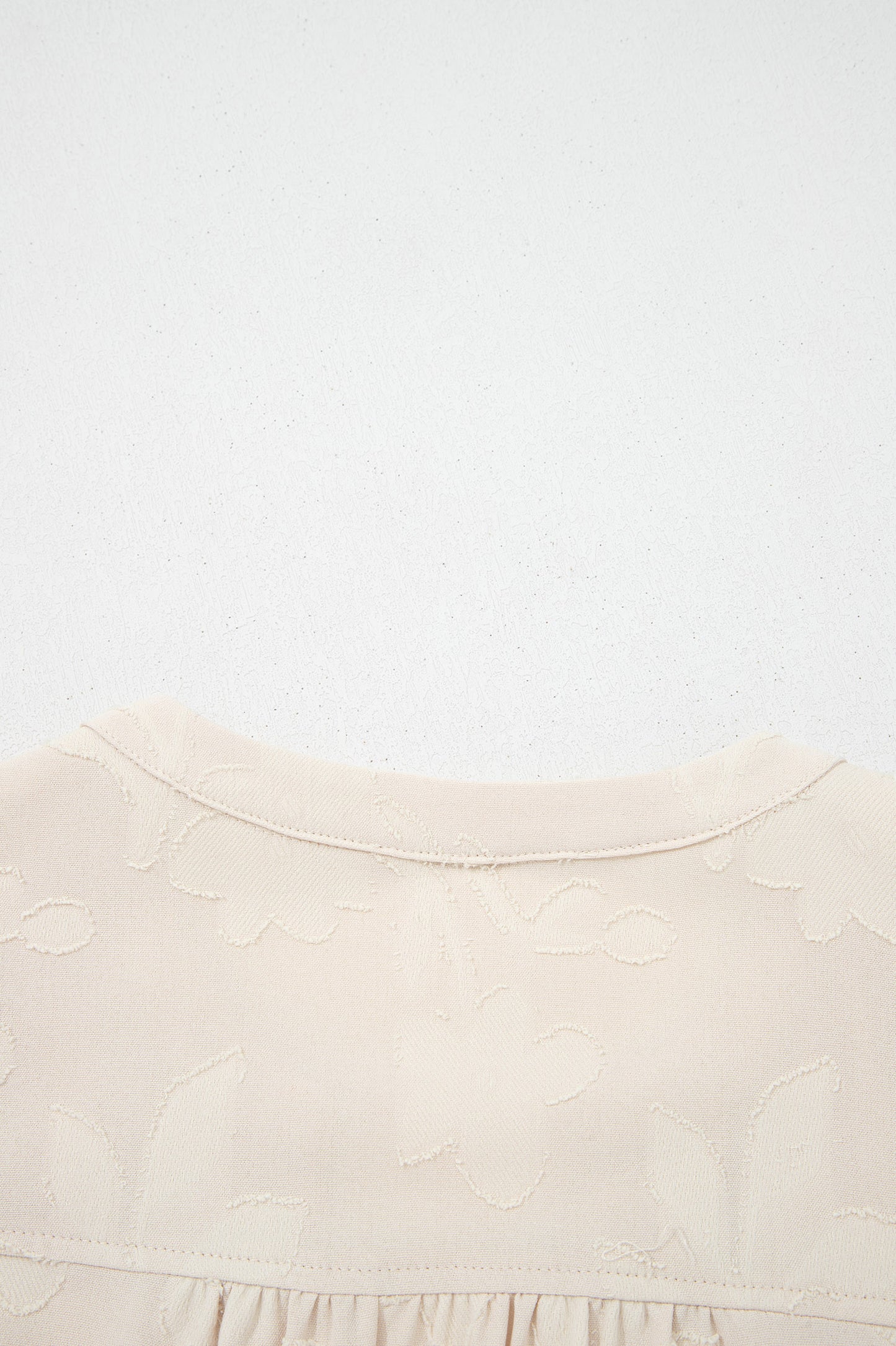 Cream Textured Tiered Mini Dress – Split Neck Long Sleeve Dress
