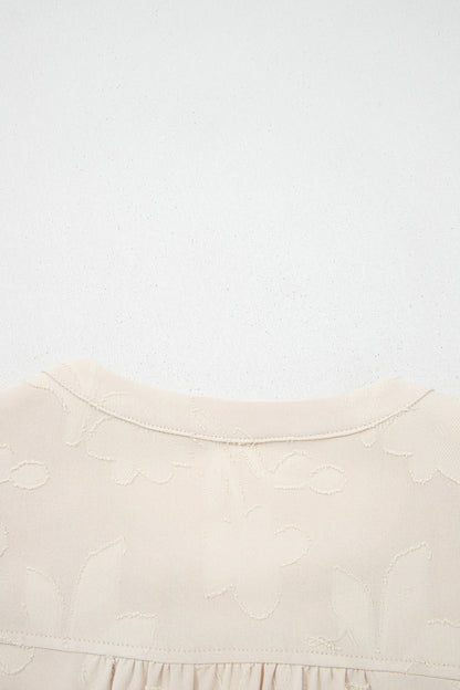 Cream Textured Tiered Mini Dress – Split Neck Long Sleeve Dress