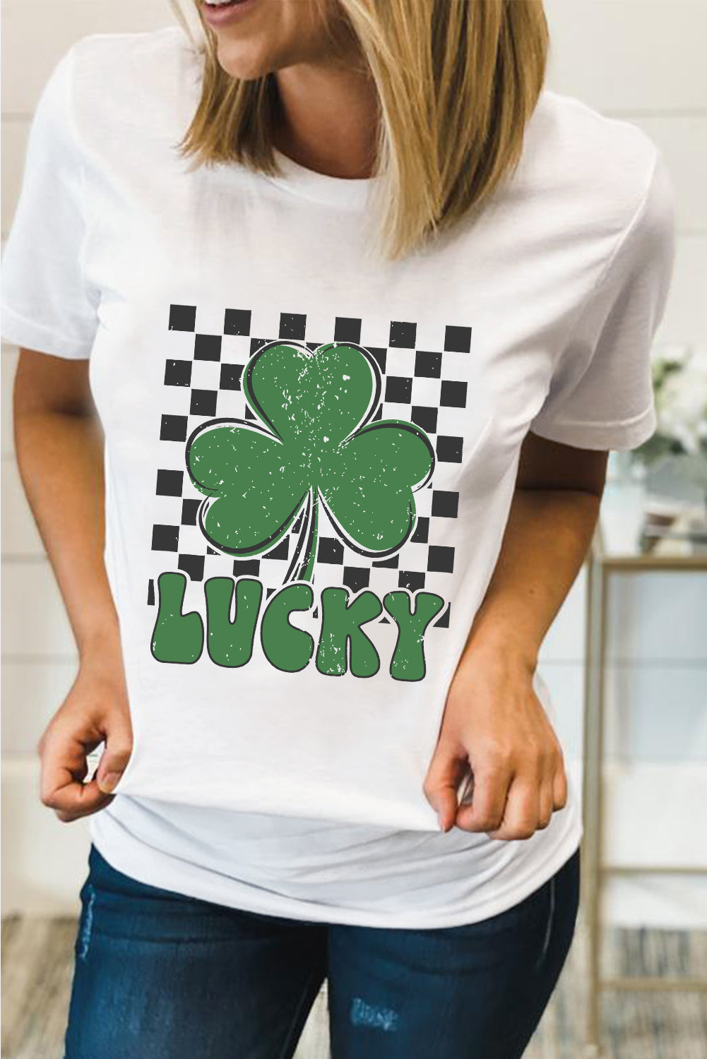 Checkerboard Lucky Clover Tee – White St. Patrick’s Day Graphic Top