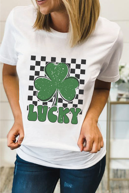 Checkerboard Lucky Clover Tee – White St. Patrick’s Day Graphic Top