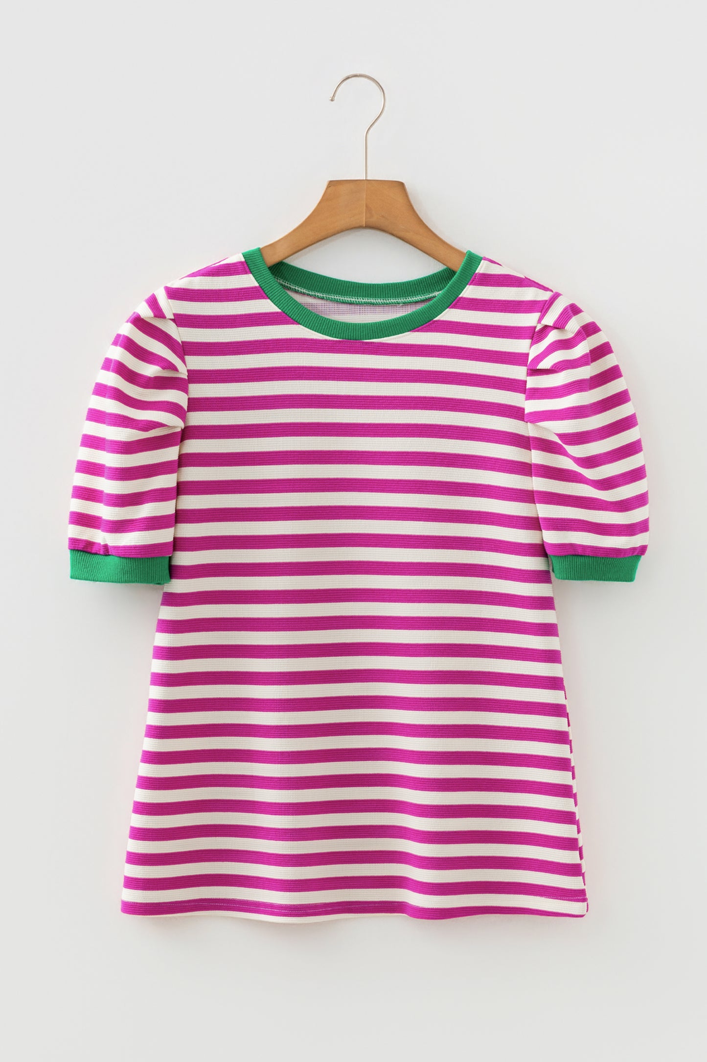 Striped Puff Sleeve Blouse – Casual Contrast Trim Everyday Top