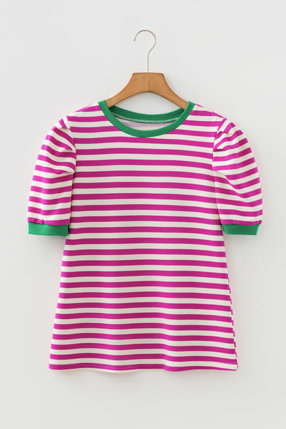 Striped Puff Sleeve Blouse – Casual Contrast Trim Everyday Top