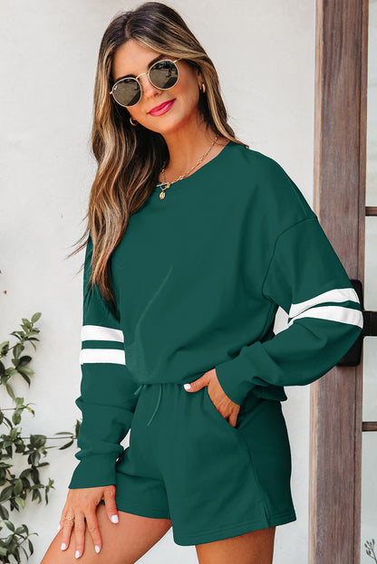 Varsity Striped Sleeve Drop Shoulder Sweatshirt & Short Set