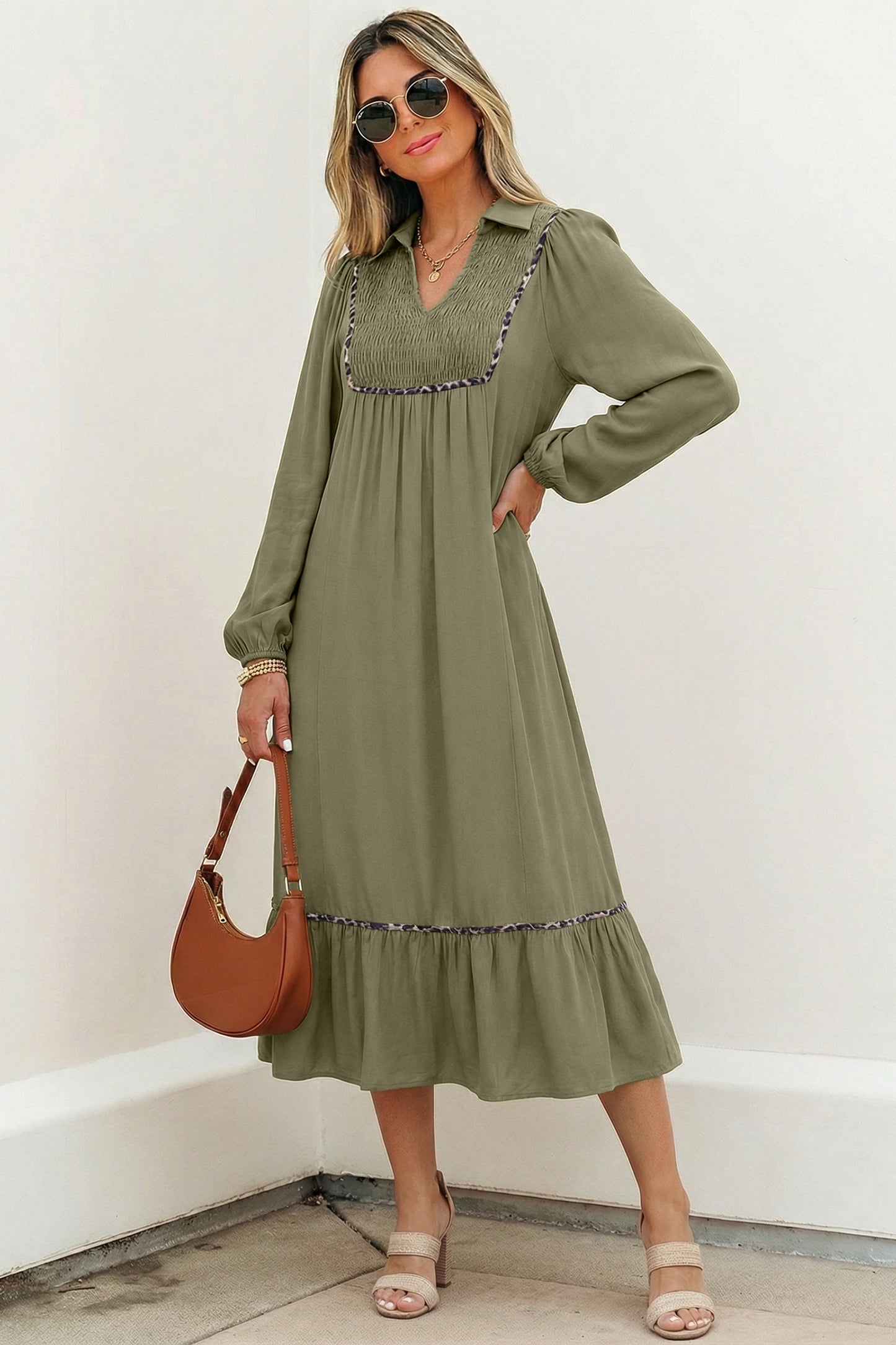 V-Neck Collared Smocked Yoke Long Sleeve Midi Dress – Black & Olive