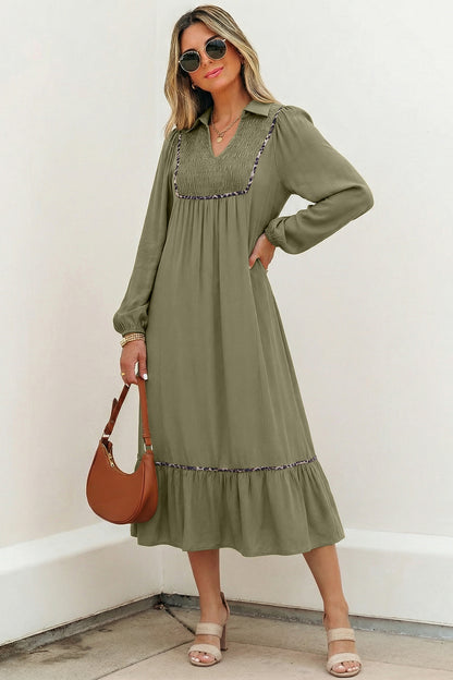 V-Neck Collared Smocked Yoke Long Sleeve Midi Dress – Black & Olive