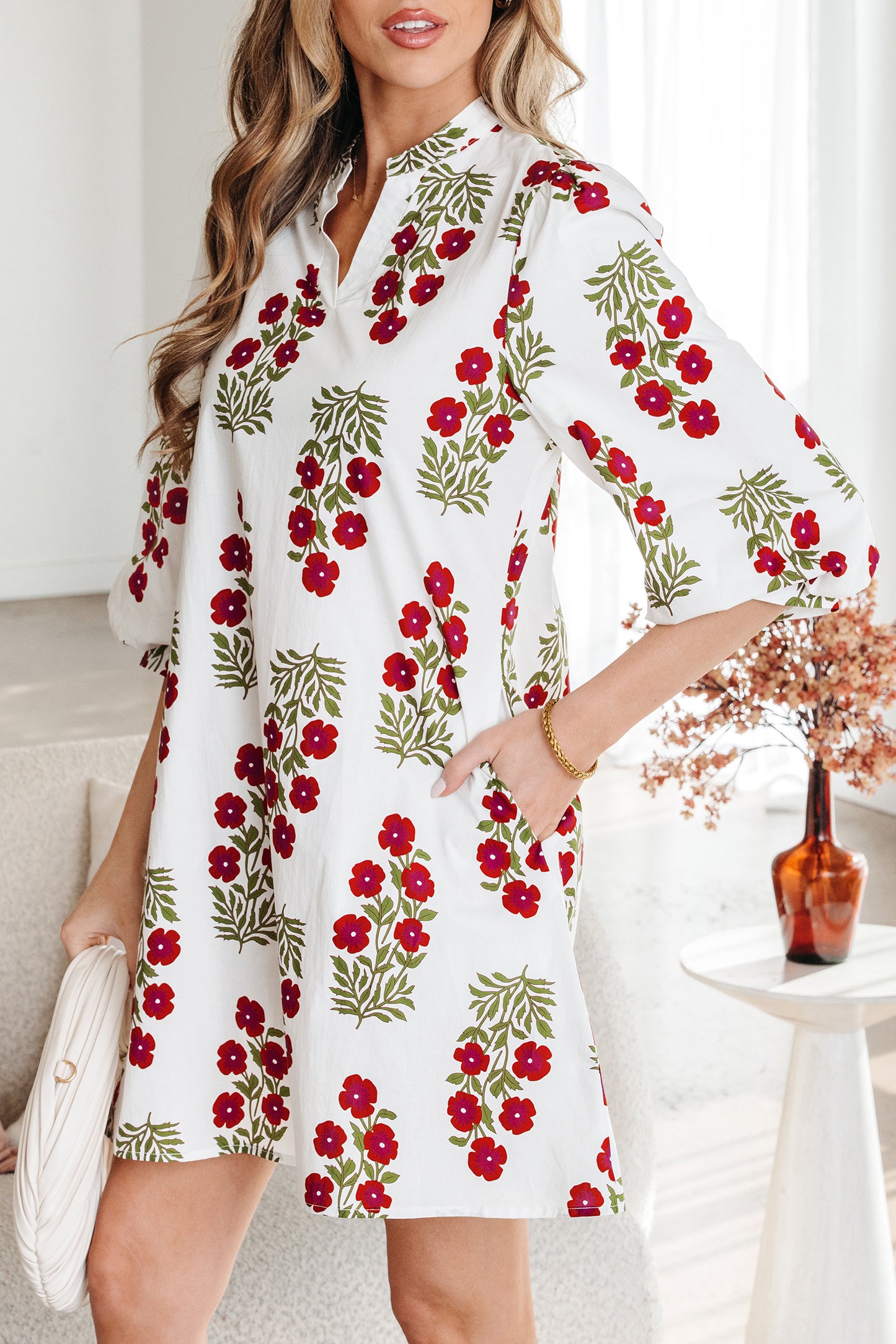 White Floral V-Neck Puff sleeves Mini Dress