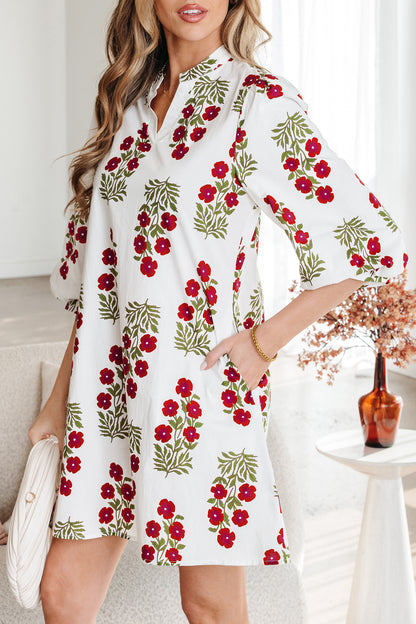 White Floral V-Neck Puff sleeves Mini Dress