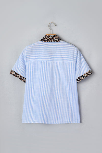 Leopard Contrast Collar Striped Blouse – Casual Everyday Button Front Top