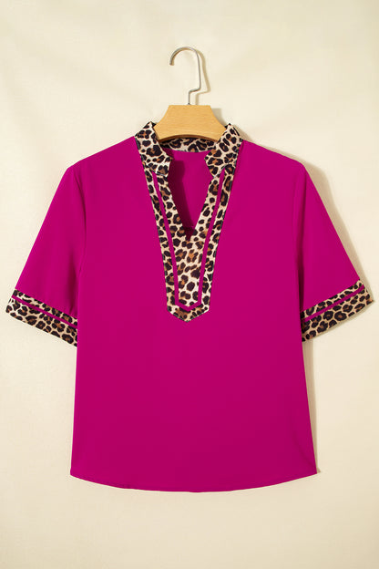 Leopard Trim Notch Neck Blouse – Lightweight Casual Contrast Top