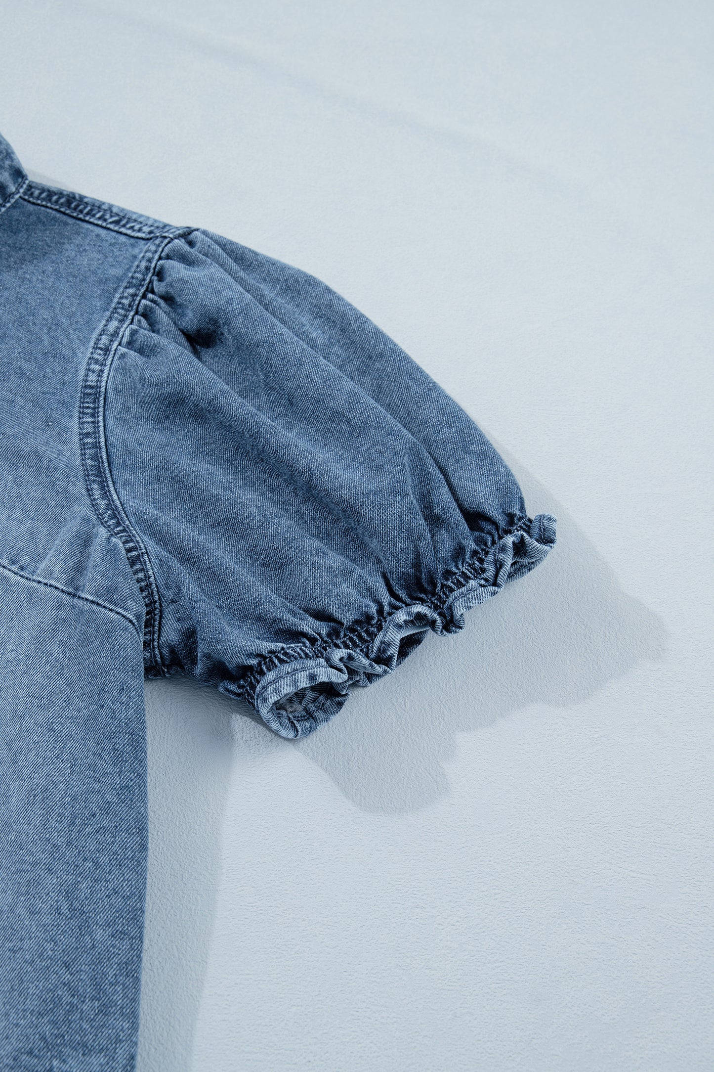 Washed Denim Puff Sleeve Button Front Blouse – Casual Everyday Top