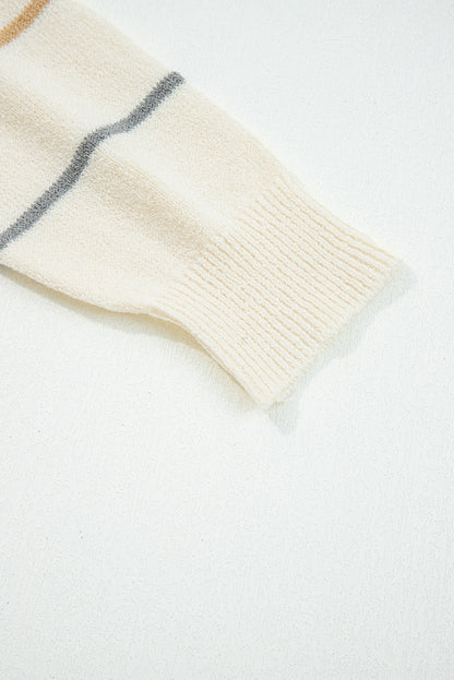 Cream striped button-front cardigan with camel tan and dusty blue-gray stripes, V-neckline, and relaxed drop-shoulder sleeves