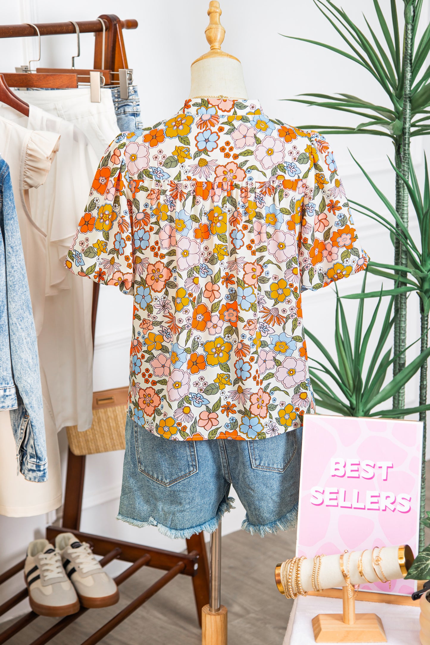 Multicolor Trim Floral V-Neck Blouse – Boho Puff Sleeve Top