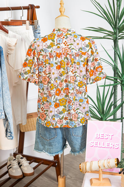 Multicolor Trim Floral V-Neck Blouse – Boho Puff Sleeve Top