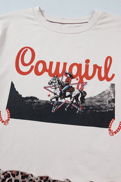Cowgirl Graphic Peplum Top – Western Leopard Ruffle Everyday Tee
