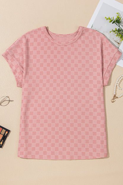 Apricot Pink Checkered Textured Round Neck Tee